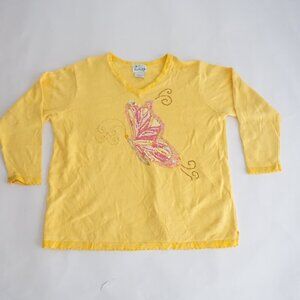 Vintage Quacker Factory Yellow Sequin Butterfly Beaded V Neck Knit Grandma 1X